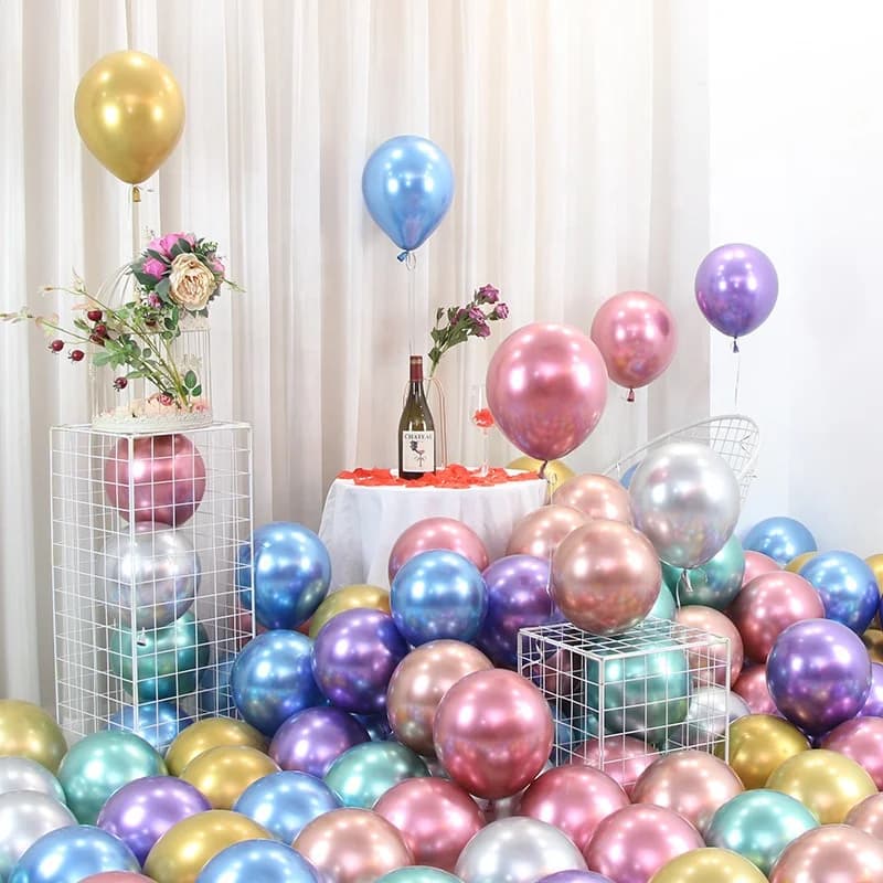 Close-up view of inflated Metallic and Chrome latex balloon reflective surfaces