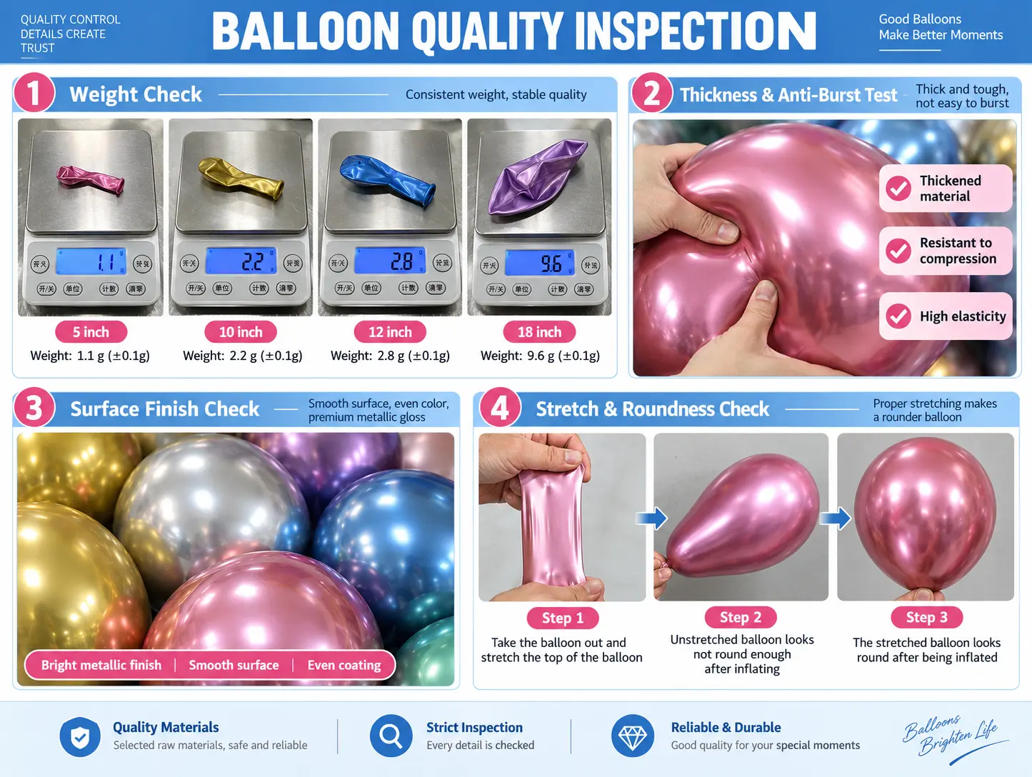 Borun Balloon Factory worker inspecting inflated Metallic latex balloons during batch quality control
